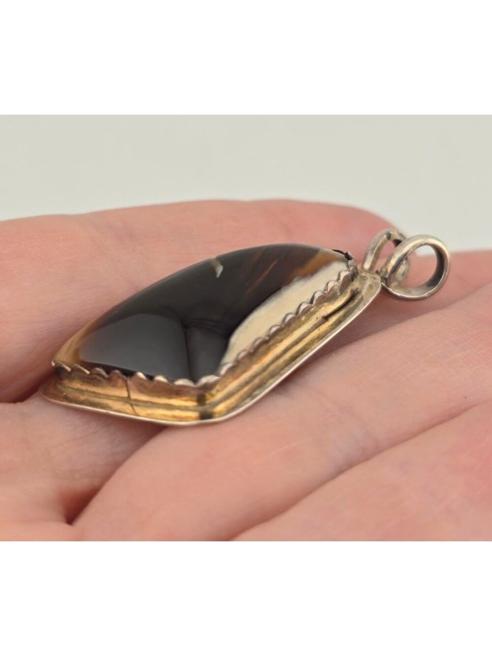Sterling Silver & Brown Polished Stone Pendant Teardrop 1.75" - Picture 2 of 6